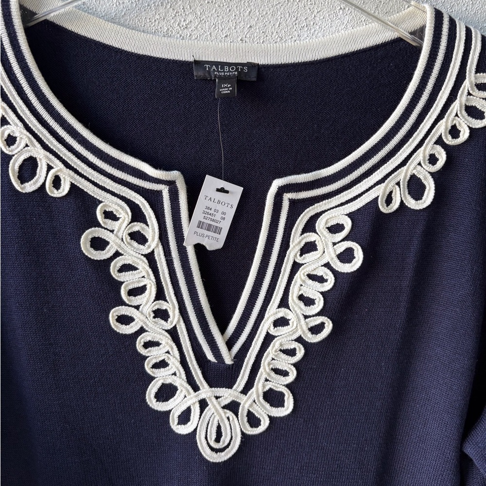 Talbots Embellished Split Neck Navy Sweater Size 1X Petite 3/4 Sleeves Casual - Picture 5 of 11